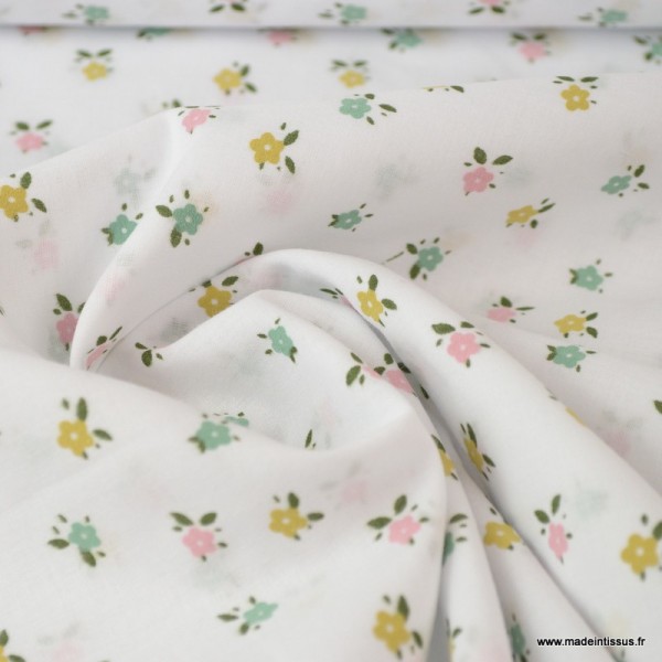 Tissu Voile de coton oeko tex imprimé petites Fleurs fond Blanc - Photo n°2