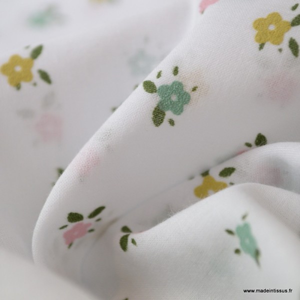 Tissu Voile de coton oeko tex imprimé petites Fleurs fond Blanc - Photo n°3