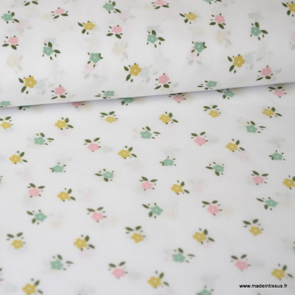 Tissu Voile de coton oeko tex imprimé petites Fleurs fond Blanc - Photo n°1