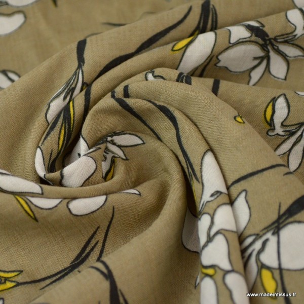 Tissu Viscose coton imprimé fleurs fond Beige - Photo n°2