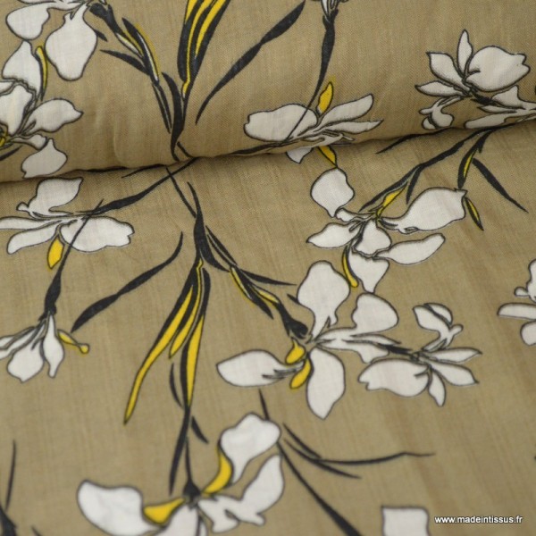 Tissu Viscose coton imprimé fleurs fond Beige - Photo n°1