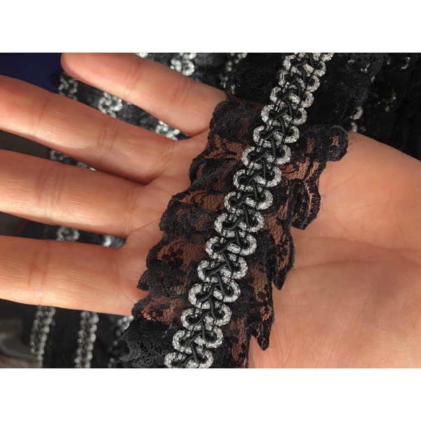 Ruban galon costume lingerie noir argenté plissé couture DIY 43mm vendu au mètre - Photo n°1