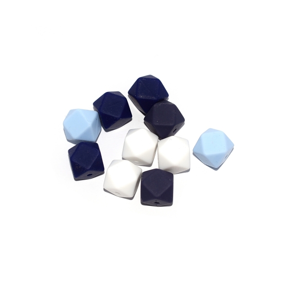 Perle hexagonale silicone camaïeu bleu, blanc 14 mm x10 - Photo n°1
