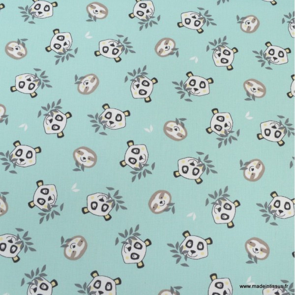 Tissu coton Oeko tex imprimé Têtes de Pandas et de Paresseux fond Jade - Photo n°2