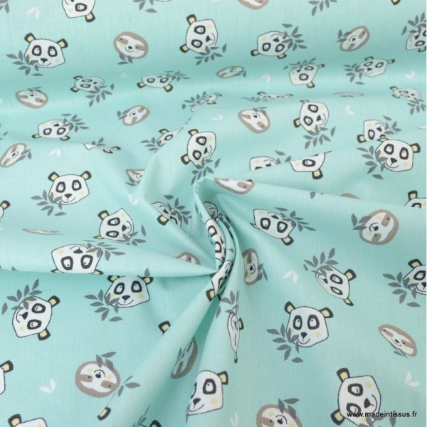 Tissu coton Oeko tex imprimé Têtes de Pandas et de Paresseux fond Jade - Photo n°3