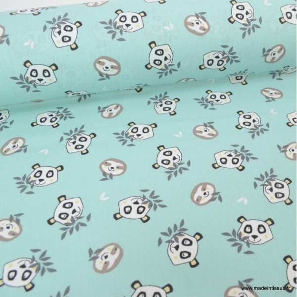 Tissu coton Oeko tex imprimé Têtes de Pandas et de Paresseux fond Jade - Photo n°1
