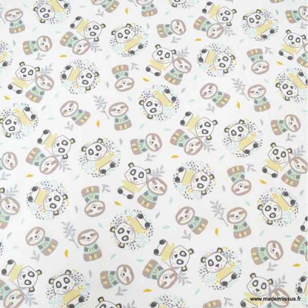 Tissu coton Oeko tex imprimé Pandas et de Paresseux jaune et jade - Photo n°2