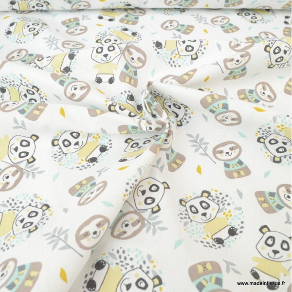 Tissu coton Oeko tex imprimé Pandas et de Paresseux jaune et jade - Photo n°3