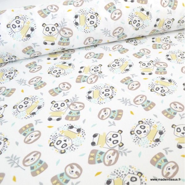 Tissu coton Oeko tex imprimé Pandas et de Paresseux jaune et jade - Photo n°1