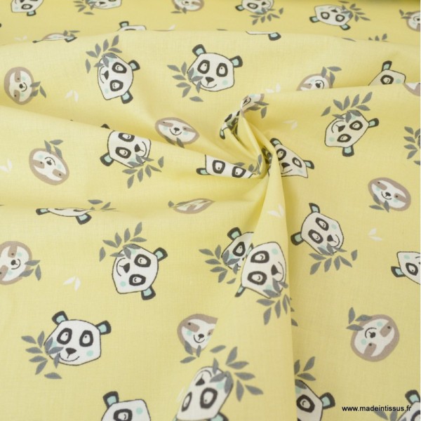 Tissu coton Oeko tex imprimé Têtes de Pandas et de Paresseux fond Jaune - Photo n°3