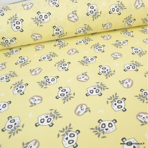 Tissu coton Oeko tex imprimé Têtes de Pandas et de Paresseux fond Jaune - Photo n°1
