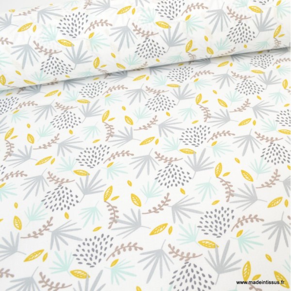 Tissu coton imprimé feuilles grises, moutarde et Jade - Photo n°1