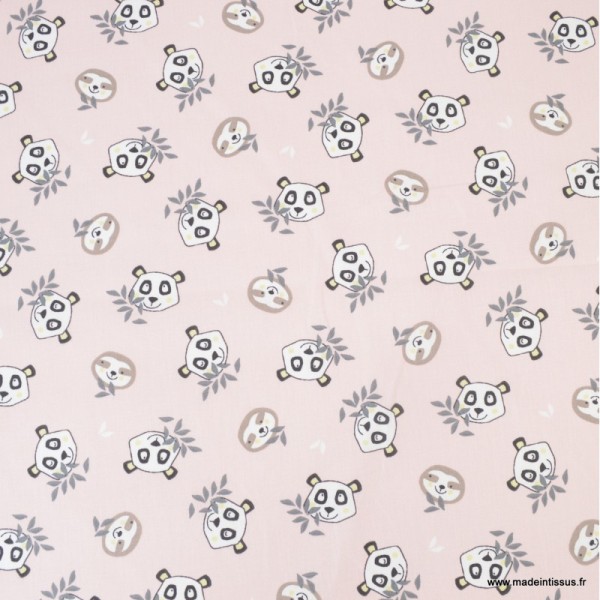 Tissu coton Oeko tex imprimé Têtes de Pandas et de Paresseux fond Rose - Photo n°2