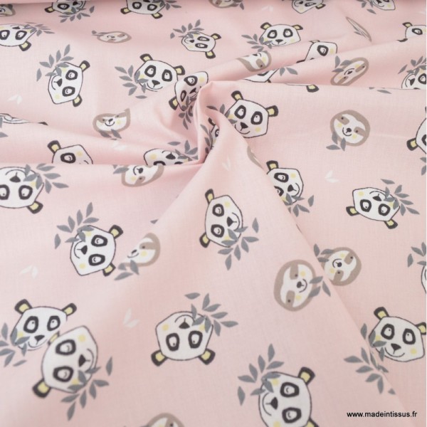 Tissu coton Oeko tex imprimé Têtes de Pandas et de Paresseux fond Rose - Photo n°3
