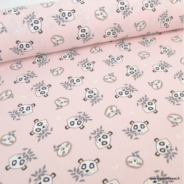 Tissu coton Oeko tex imprimé Têtes de Pandas et de Paresseux fond Rose - Photo n°1