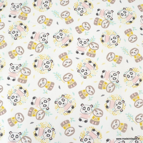 Tissu coton Oeko tex imprimé Pandas et de Paresseux jaune et Rose - Photo n°2