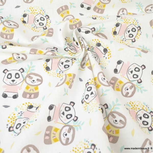Tissu coton Oeko tex imprimé Pandas et de Paresseux jaune et Rose - Photo n°3