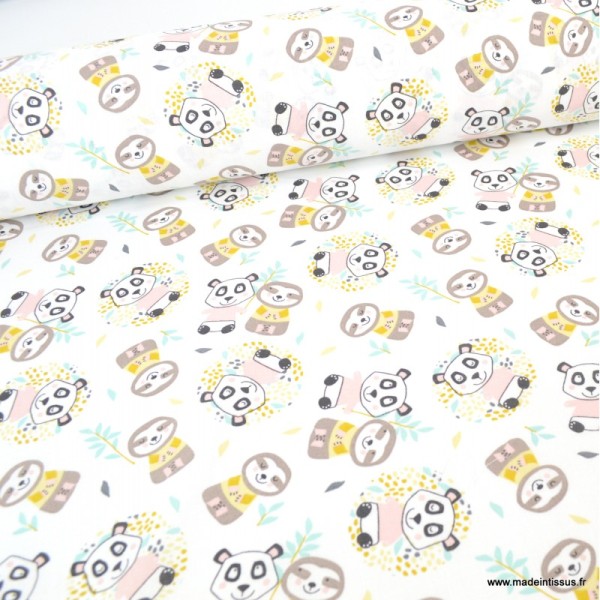 Tissu coton Oeko tex imprimé Pandas et de Paresseux jaune et Rose - Photo n°1