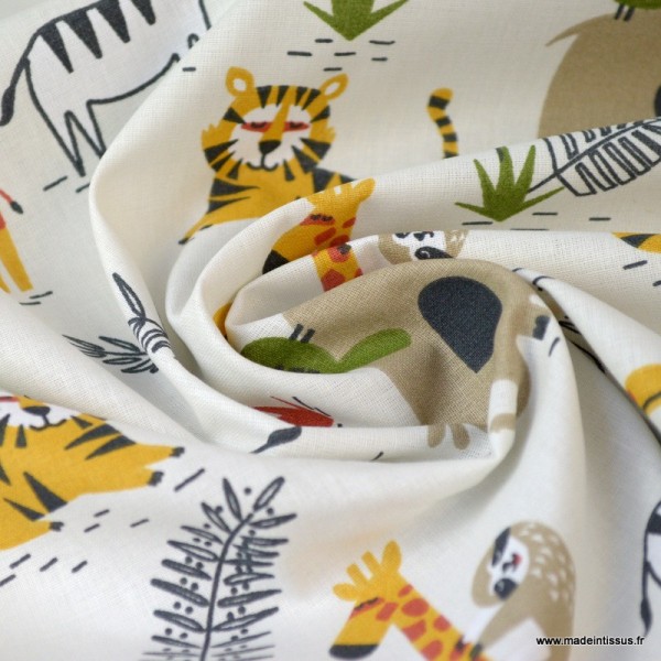 Tissu coton imprimé Girafes, paresseux et Zèbres - Photo n°2