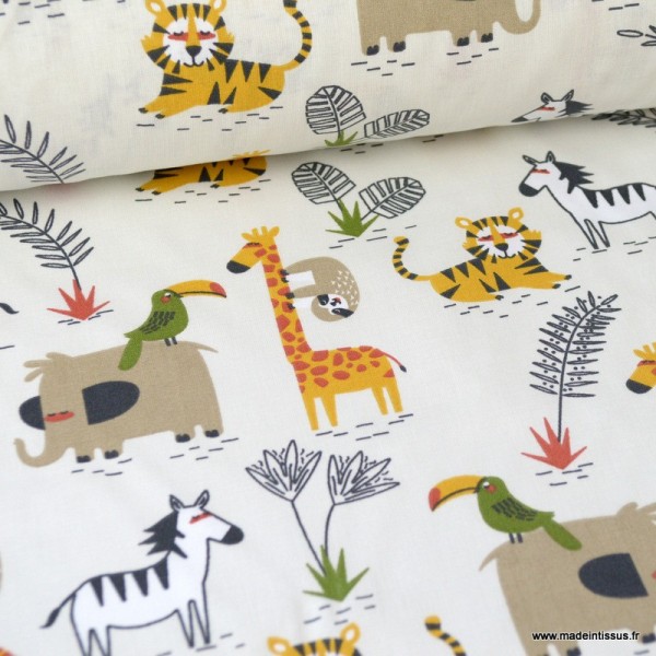 Tissu coton imprimé Girafes, paresseux et Zèbres - Photo n°1
