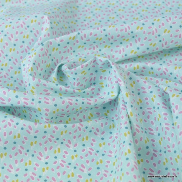 Tissu coton imprimé Feuilles bleu, moutarde et rose - Photo n°2