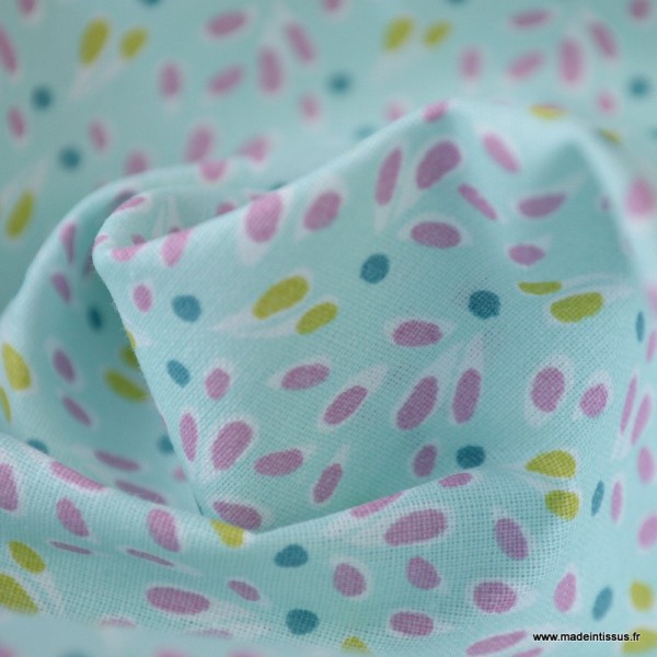 Tissu coton imprimé Feuilles bleu, moutarde et rose - Photo n°3
