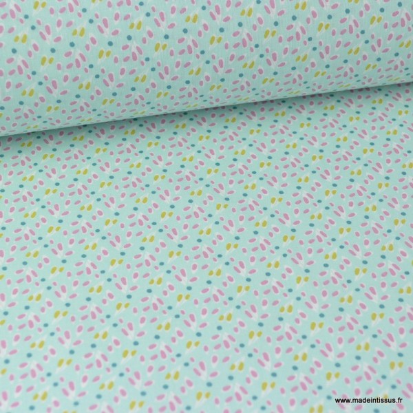 Tissu coton imprimé Feuilles bleu, moutarde et rose - Photo n°1