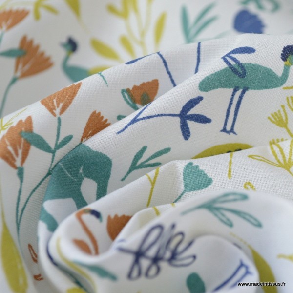 Tissu coton imprimé Flamants, éléphants et feuilles Indigo - Photo n°3