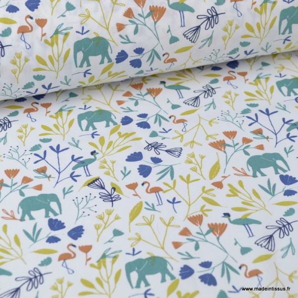 Tissu coton imprimé Flamants, éléphants et feuilles Indigo - Photo n°1