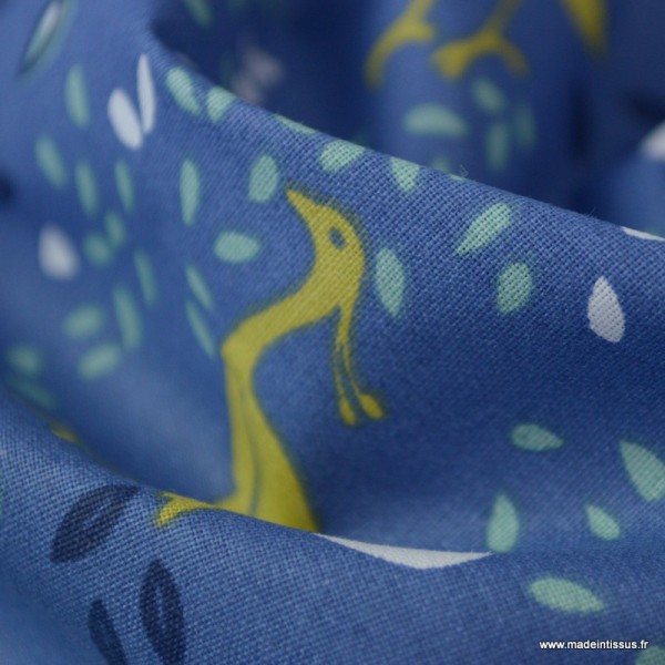 Tissu coton imprimé Oiseaux et feuilles Indigo - Photo n°3
