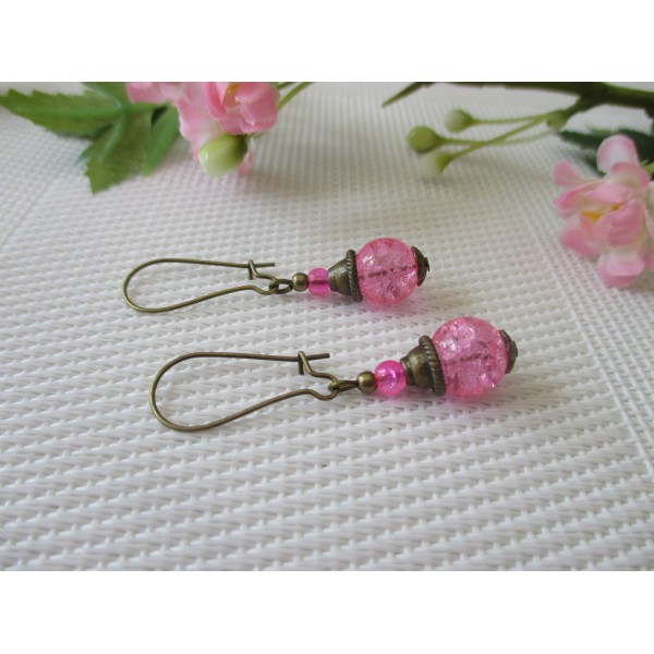 Kit de boucles d'oreilles bronze et perle en verre rose - Photo n°1