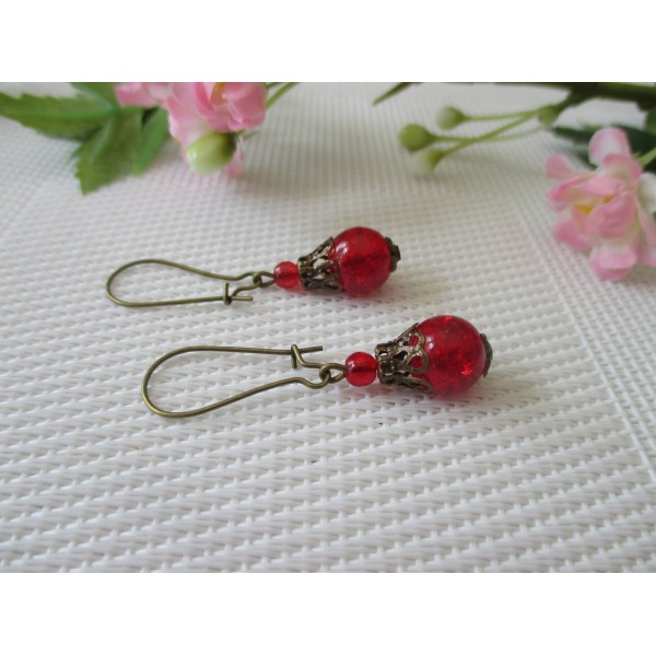 Kit de boucles d'oreilles bronze et perle en verre rouge - Photo n°1