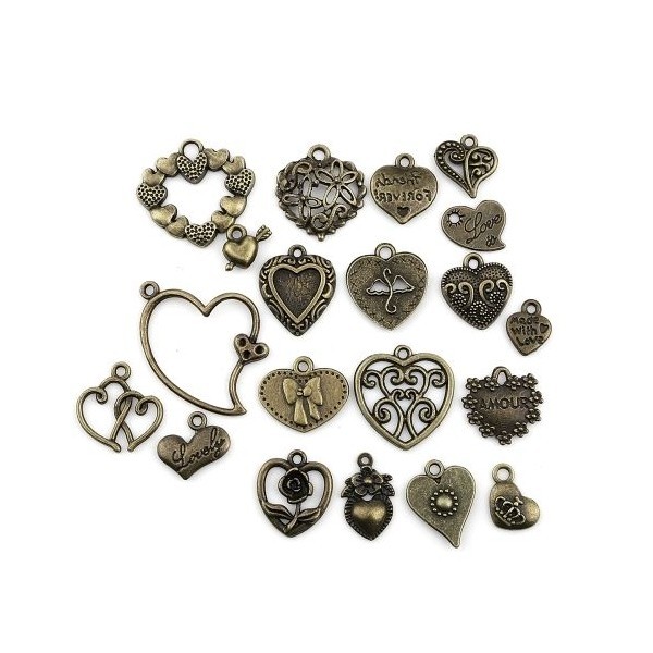 S11130608 Set de 20 pendentifs breloques Coeur métal couleur Bronze - Photo n°2