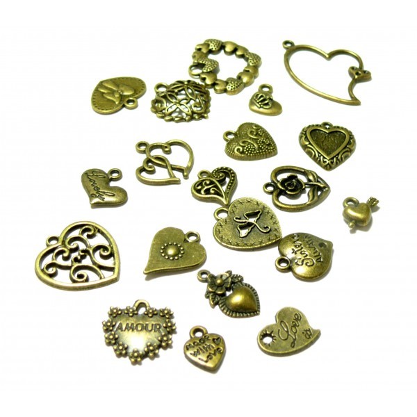 S11130608 Set de 20 pendentifs breloques Coeur métal couleur Bronze - Photo n°1