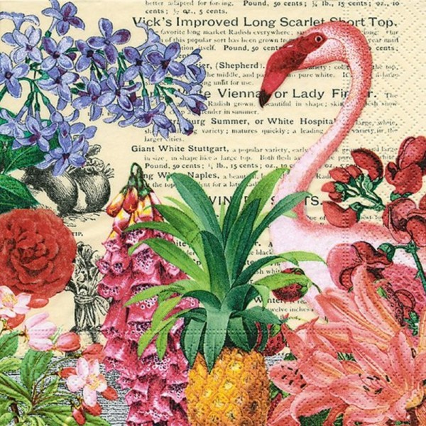 Lot de 20 Serviettes en papier motif Flamant rose et jardin tropical sur fond beige, 33 x 33 cm - Photo n°2