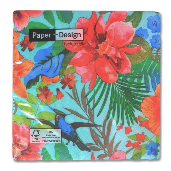 Lot de 20 Serviettes en papier motif Oiseaux et jardin tropical sur fond bleu, 33 x 33 cm - Photo n°1