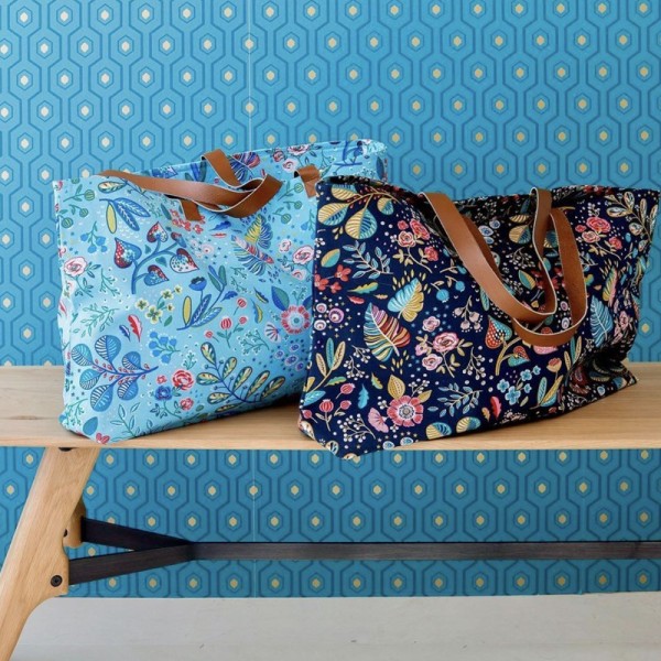 Tissu cretonne coton Oeko tex imprimé fleurs fond Bleu ardoise x1m - Photo n°4