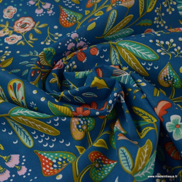 Tissu cretonne coton Oeko tex imprimé fleurs fond Bleu Canard x1m - Photo n°2