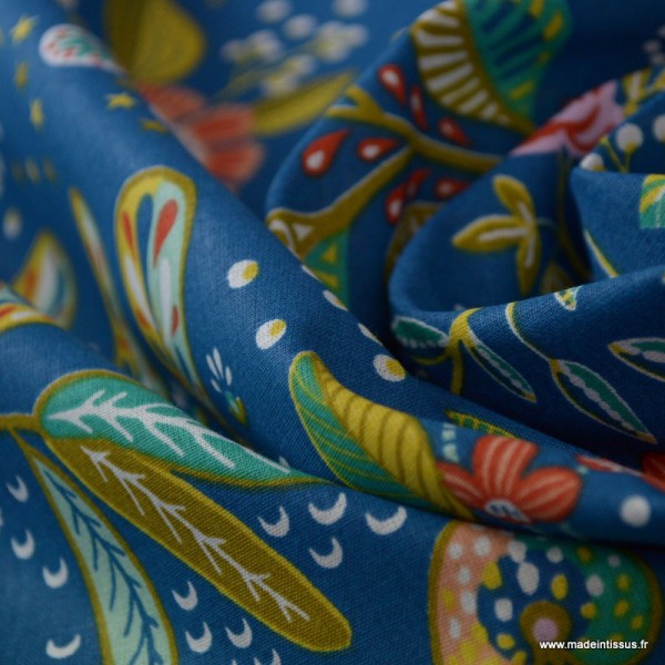 Tissu cretonne coton Oeko tex imprimé fleurs fond Bleu Canard x1m - Photo n°3