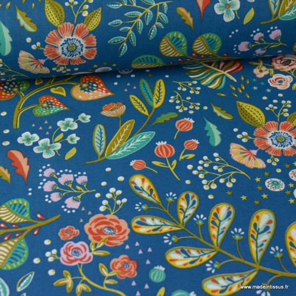 Tissu cretonne coton Oeko tex imprimé fleurs fond Bleu Canard x1m - Photo n°1