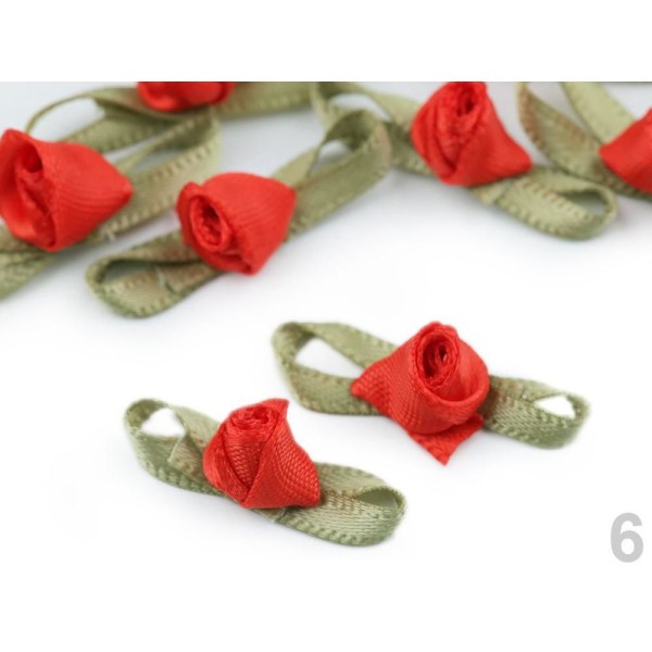 10pc 6 Rouge en Satin Rose / Rosebud Avec des Feuilles, Coudre-sur Appliques de Fleurs, de Vêtements - Photo n°1