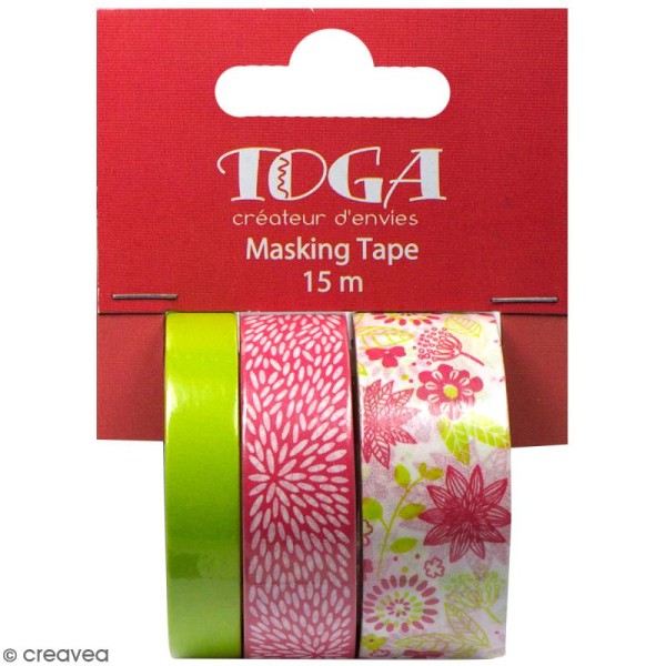 Masking tape Toga - Color factory - Fleurs - Rose et vert - 3 rouleaux - Photo n°2