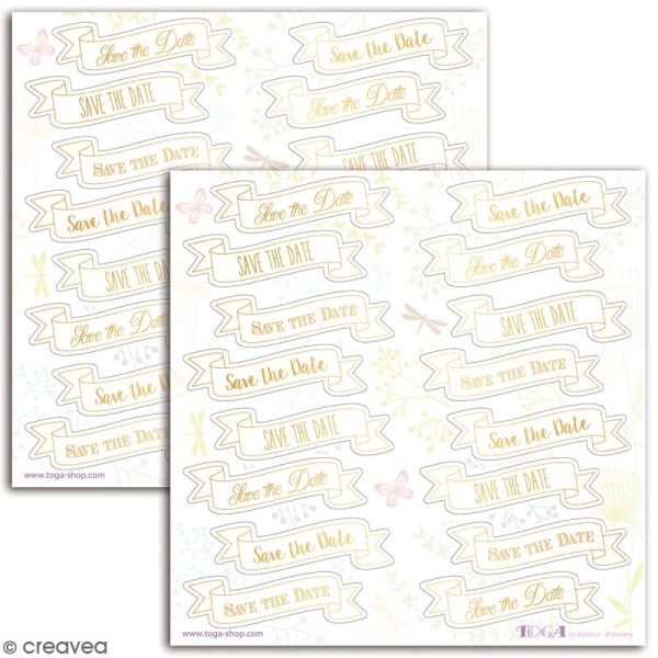 Stickers Toga Textes dorés Save the date - 2 planches de 15 x 15 cm - 32 stickers - Photo n°2