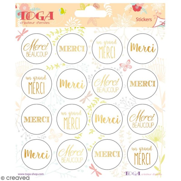 Stickers Toga Textes et motifs dorés Merci - 2 planches de 15 x 15 cm - 32 stickers - Photo n°1