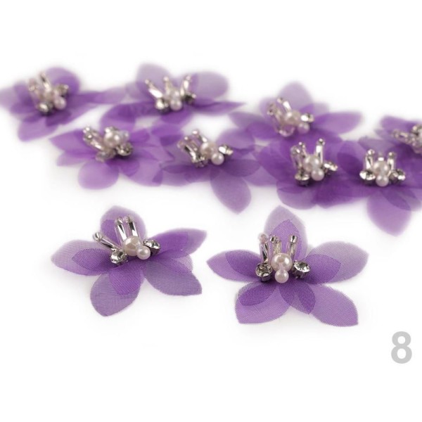 2pc 8 Violet Fleur en Organza Avec des Perles Ø50mm, d'Autres Fleurs À Coudre de la Colle, des Vêtem - Photo n°1