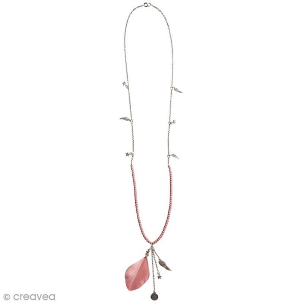Kit bijoux - Chaine 84 cm avec plume rose et pendentifs - Photo n°2