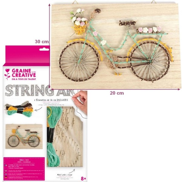 Kit Tableau string art Vélo Rectangle brut, clous et fils, dim. 30 x 20 x 0.9 cm, à suspendre - Photo n°1