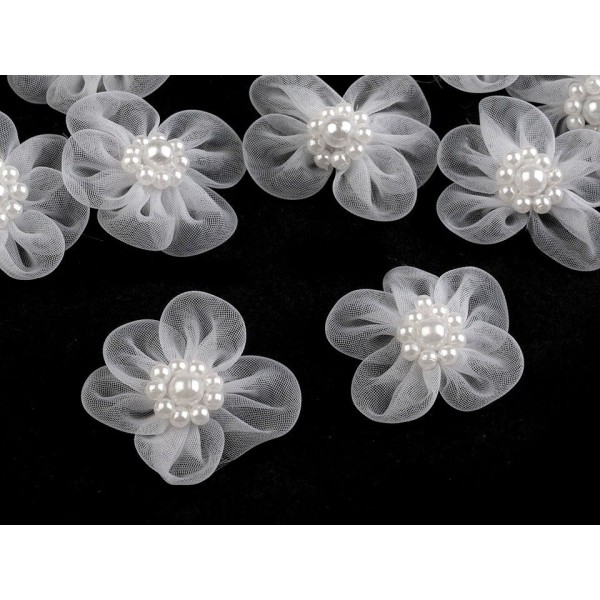 10pc Blanc Organza Fleur Ø30mm Avec des Imitations de Perles, d'Autres Fleurs À Coudre de la Colle, - Photo n°2