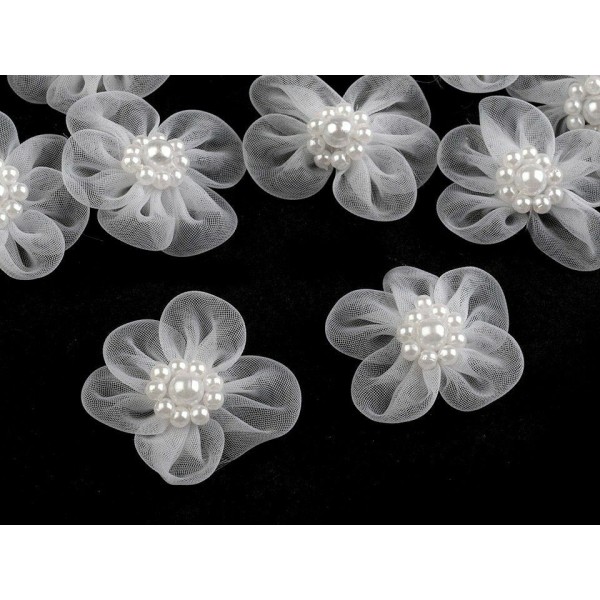 10pc Blanc Organza Fleur Ø30mm Avec des Imitations de Perles, d'Autres Fleurs À Coudre de la Colle, - Photo n°3