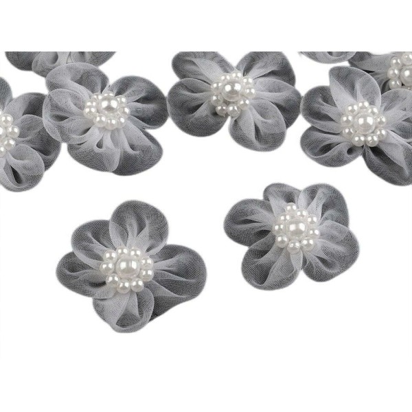 10pc Blanc Organza Fleur Ø30mm Avec des Imitations de Perles, d'Autres Fleurs À Coudre de la Colle, - Photo n°1